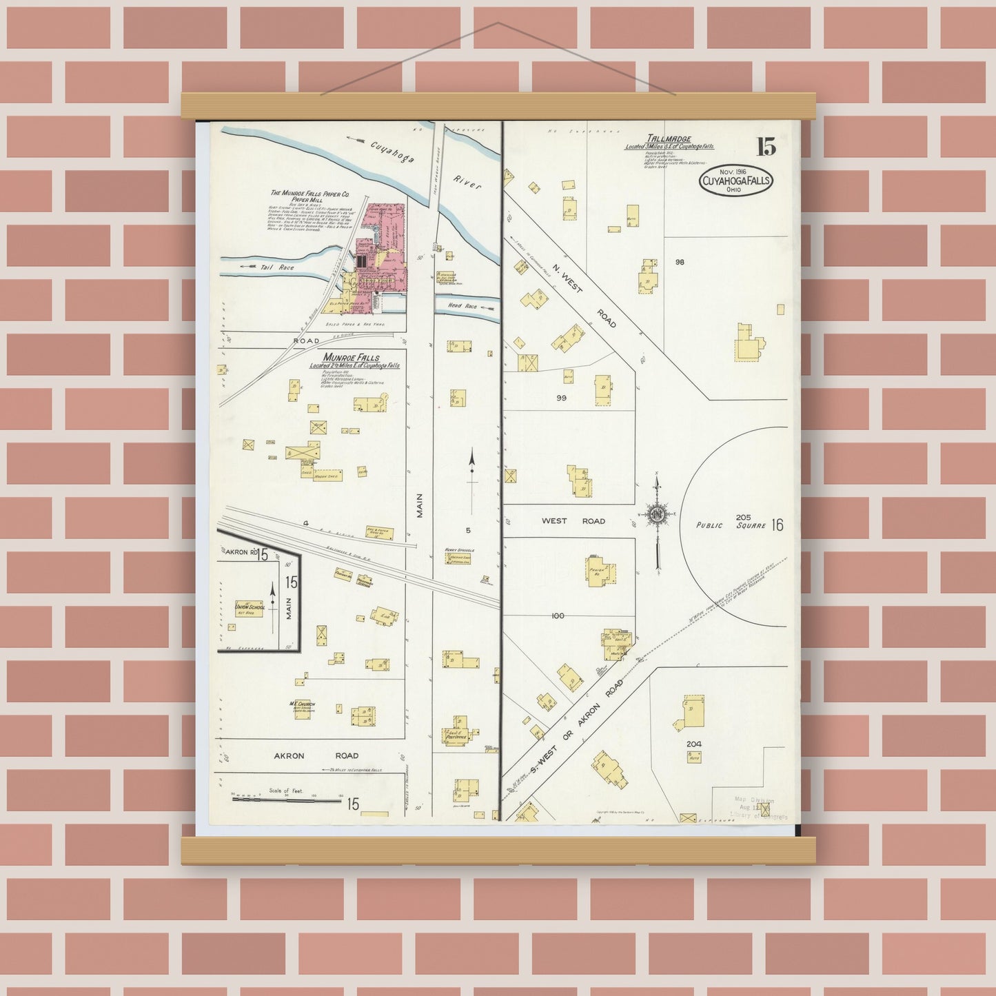 Old map wall art mockup — magnetic wood frame on brick wall — Sanborn Fire Insurance Map from Cuyahoga Falls, Summit County, Ohio (1916), Sheet #0015