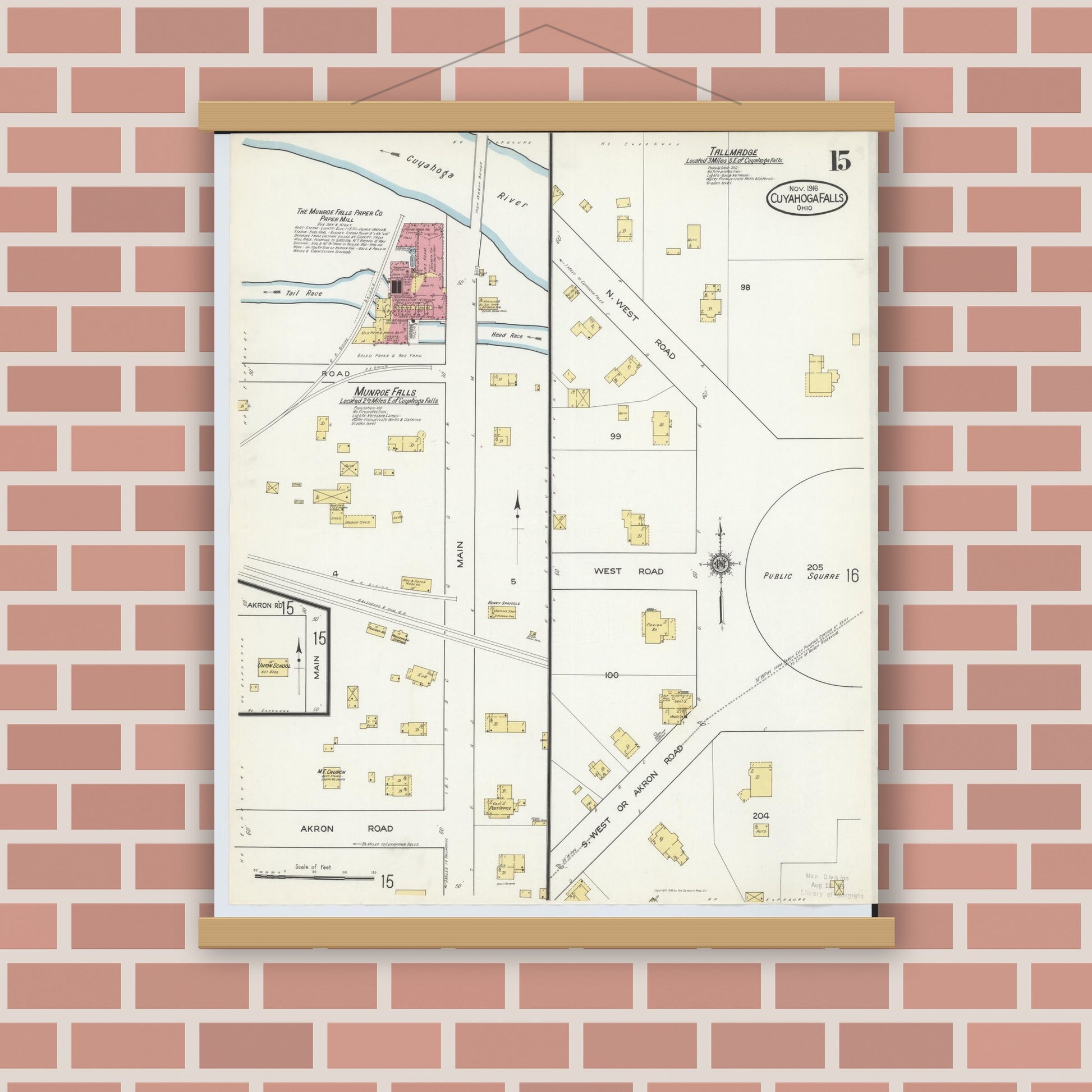 Old map wall art mockup — magnetic wood frame on brick wall — Sanborn Fire Insurance Map from Cuyahoga Falls, Summit County, Ohio (1916), Sheet #0015