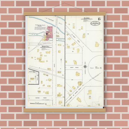 Old map wall art mockup — magnetic wood frame on brick wall — Sanborn Fire Insurance Map from Cuyahoga Falls, Summit County, Ohio (1916), Sheet #0015