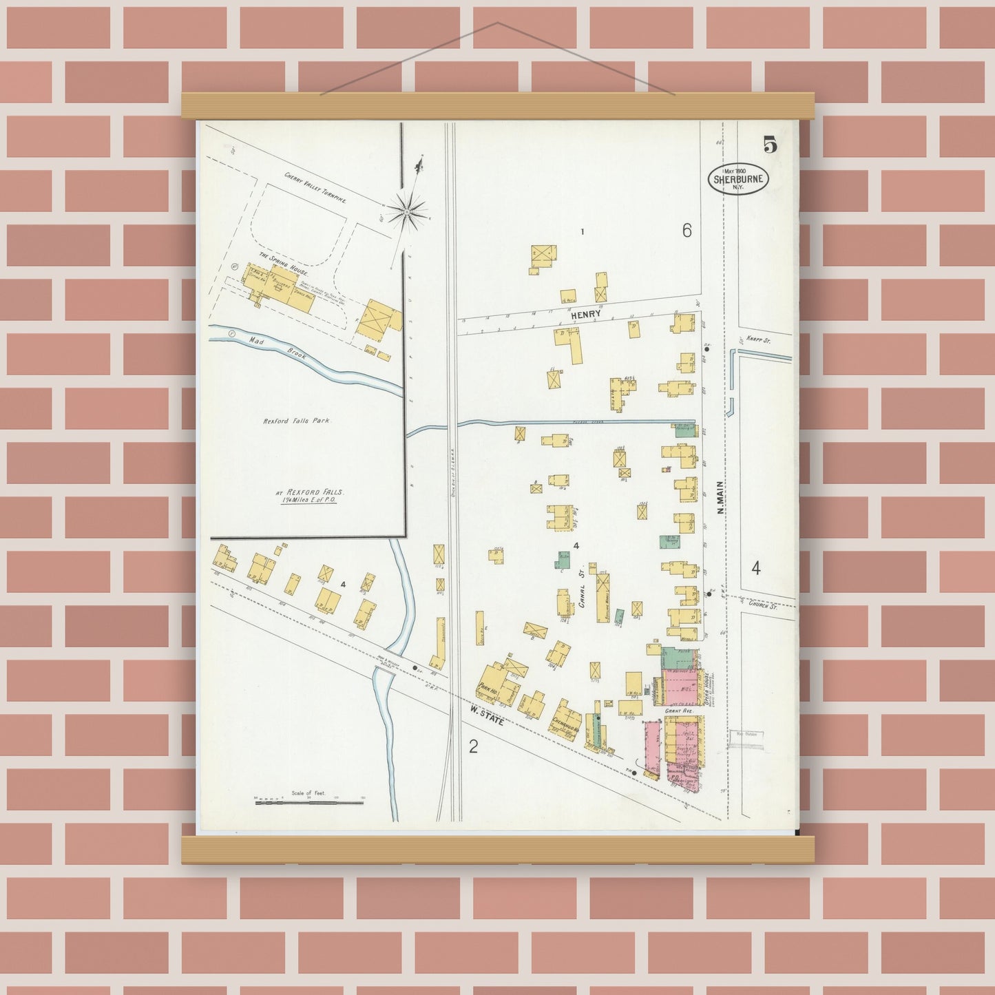 Old map wall art mockup — magnetic wood frame on brick wall — Sanborn Fire Insurance Map from Sherburne, Chenango County, New York (1900), Sheet #0005