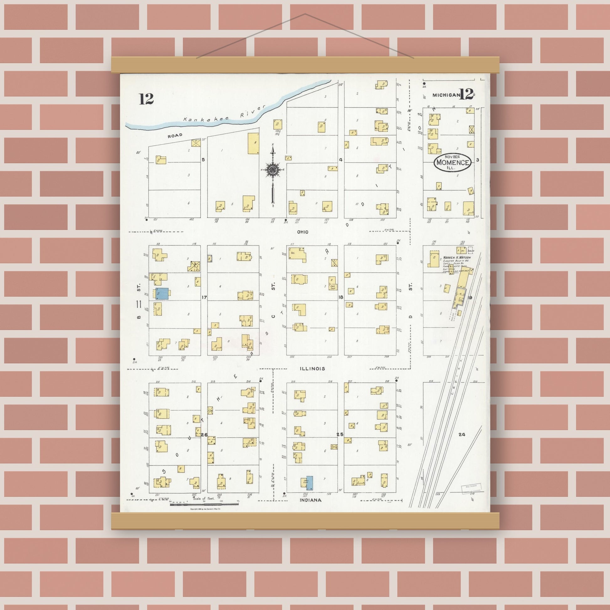Old map wall art mockup — magnetic wood frame on brick wall — Sanborn Fire Insurance Map from Momence, Kankakee County, Illinois (1924), Sheet #0012