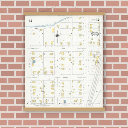 Old map wall art mockup — magnetic wood frame on brick wall — Sanborn Fire Insurance Map from Momence, Kankakee County, Illinois (1924), Sheet #0012