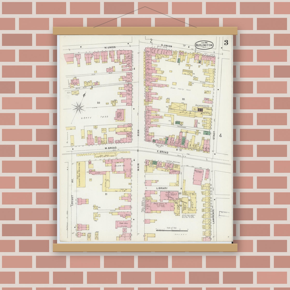 Old map wall art mockup — magnetic wood frame on brick wall — Sanborn Fire Insurance Map from Burlington, Burlington County, New Jersey (1896), Sheet #0003