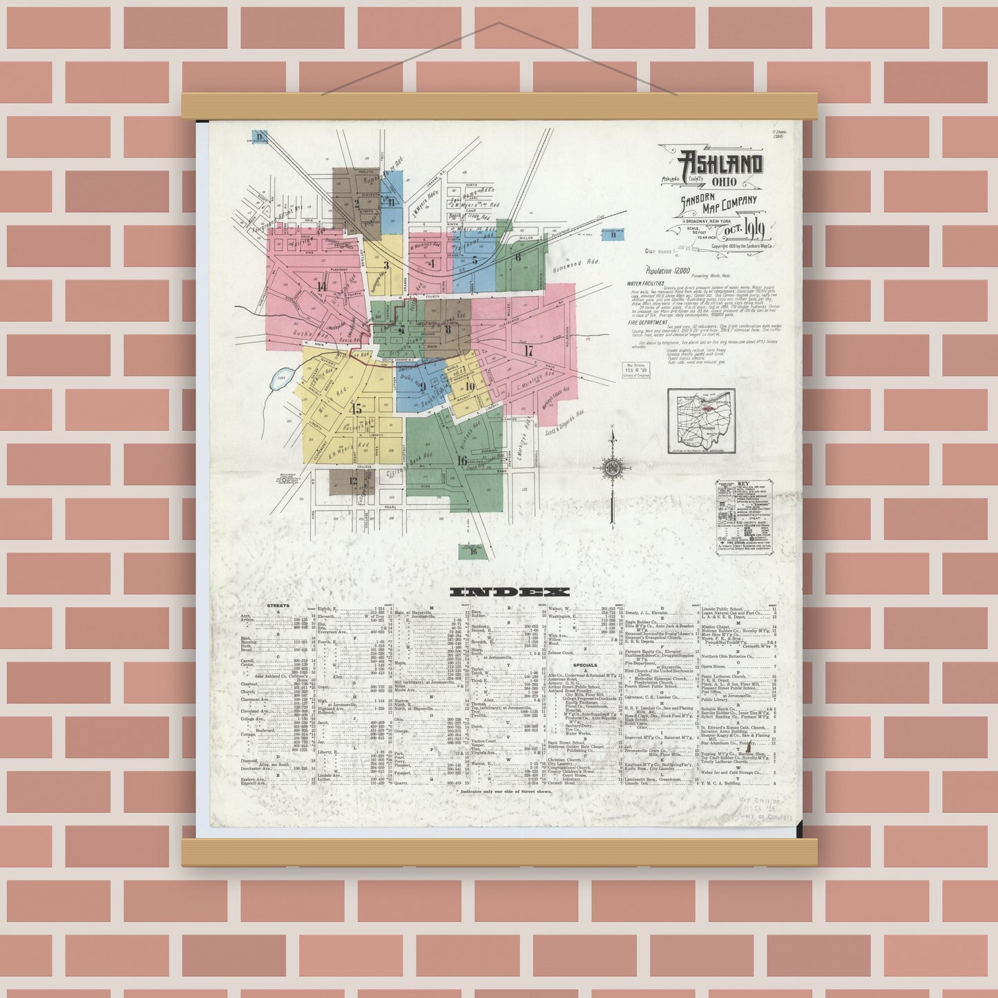 Old map wall art mockup — magnetic wood frame on brick wall — Sanborn Fire Insurance Map from Ashland, Ashland County, Ohio (1919), Sheet #0001