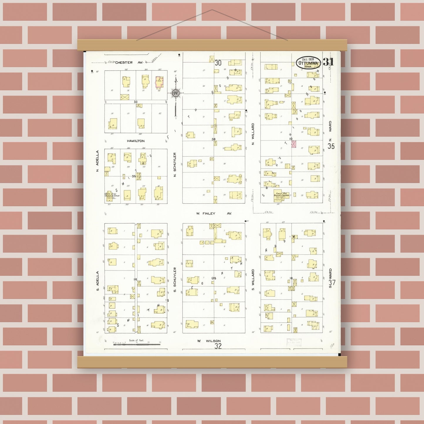 Old map wall art mockup — magnetic wood frame on brick wall — Sanborn Fire Insurance Map from Ottumwa, Wapello County, Iowa (1909), Sheet #0031