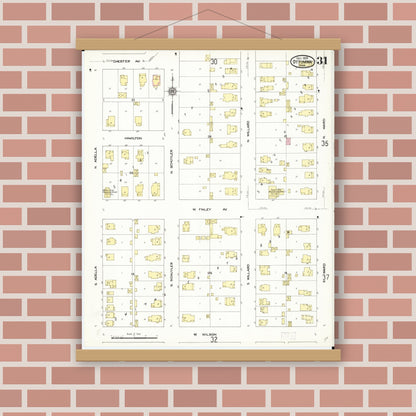 Old map wall art mockup — magnetic wood frame on brick wall — Sanborn Fire Insurance Map from Ottumwa, Wapello County, Iowa (1909), Sheet #0031