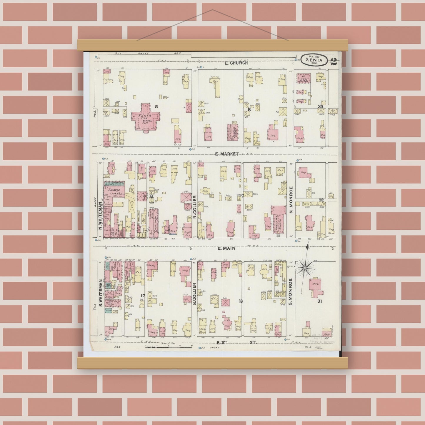 Old map wall art mockup — magnetic wood frame on brick wall — Sanborn Fire Insurance Map from Xenia, Greene County, Ohio (1890), Sheet #0002