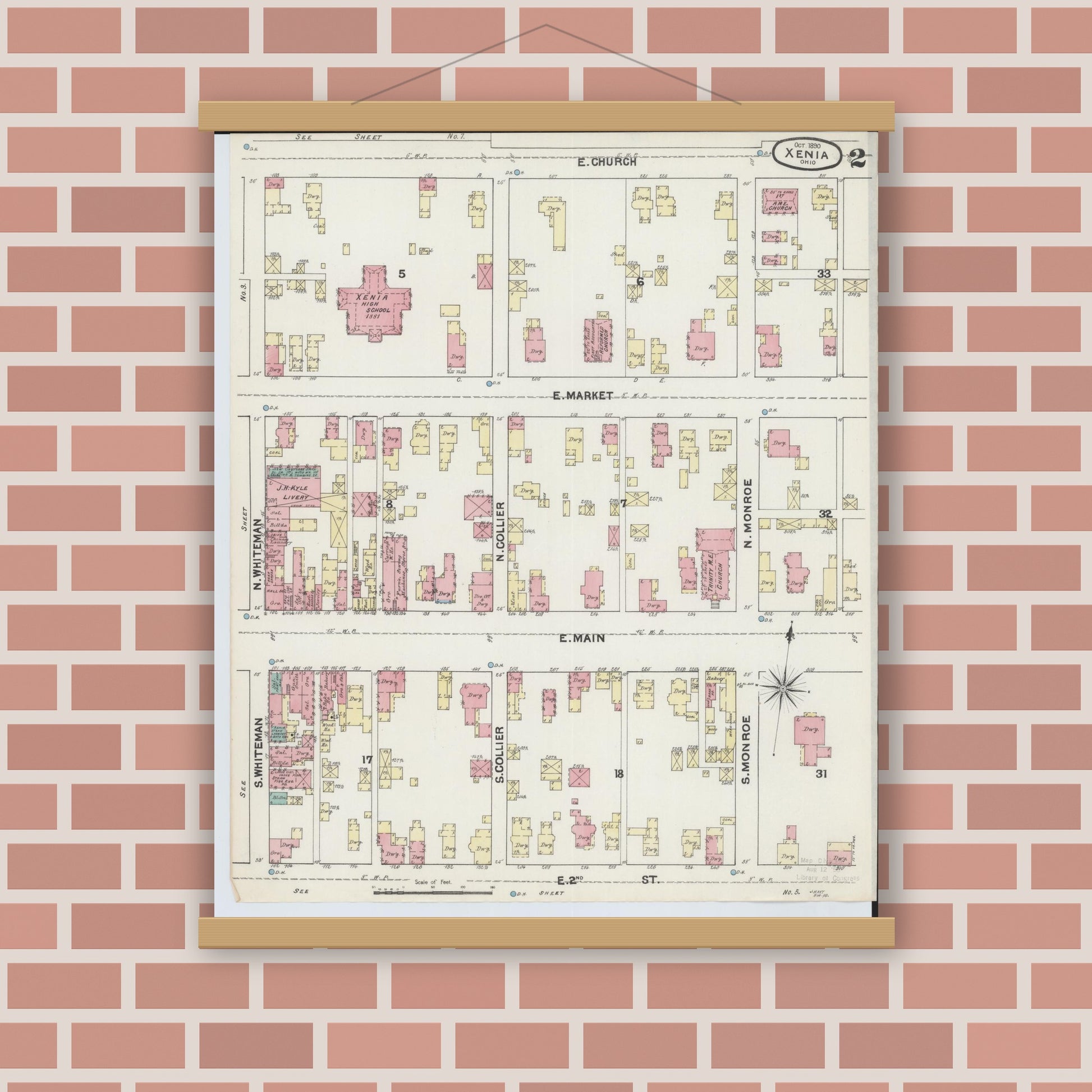 Old map wall art mockup — magnetic wood frame on brick wall — Sanborn Fire Insurance Map from Xenia, Greene County, Ohio (1890), Sheet #0002