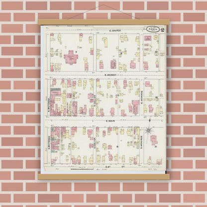 Old map wall art mockup — magnetic wood frame on brick wall — Sanborn Fire Insurance Map from Xenia, Greene County, Ohio (1890), Sheet #0002