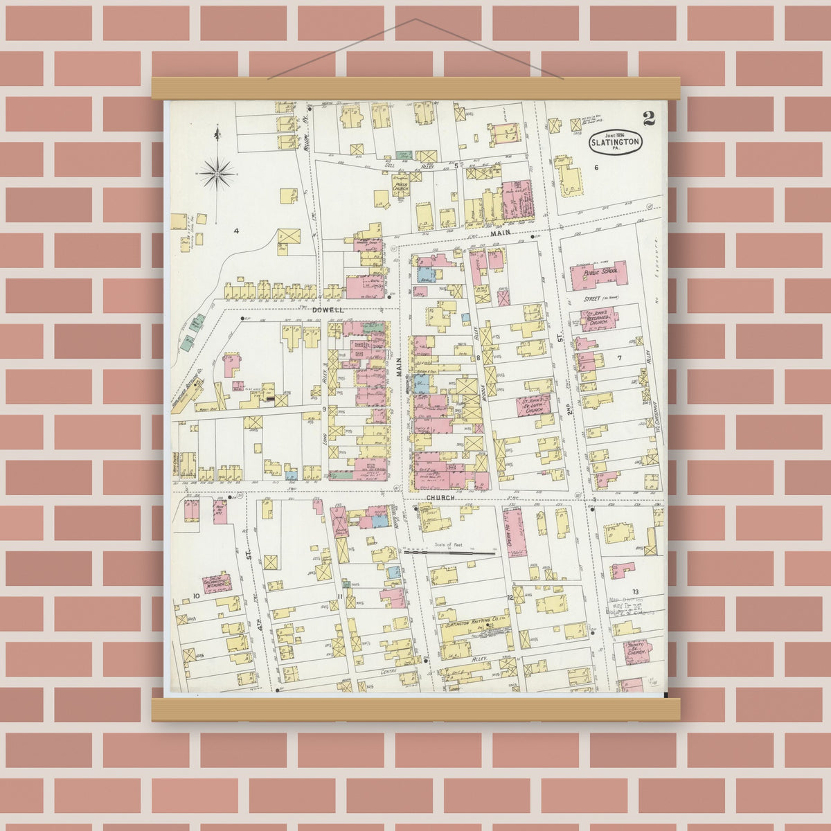 Old map wall art mockup — magnetic wood frame on brick wall — Sanborn Fire Insurance Map from Slatington, Lehigh County, Pennsylvania (1896), Sheet #0002