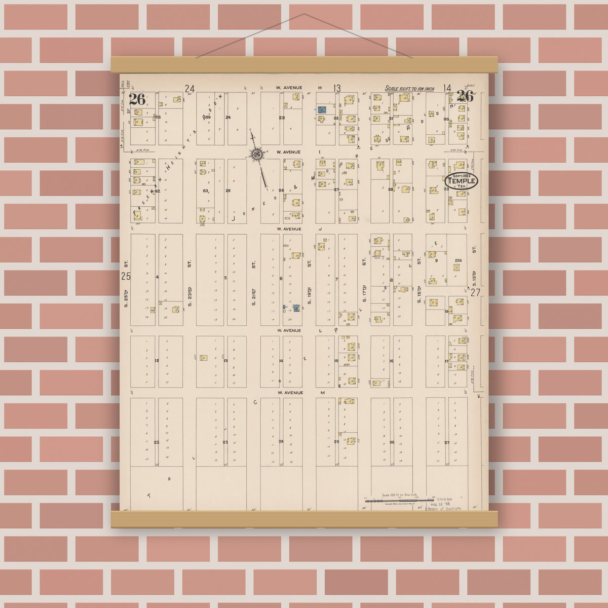 Old map wall art mockup — magnetic wood frame on brick wall — Sanborn Fire Insurance Map from Temple, Bell County, Texas (1922), Sheet #0026