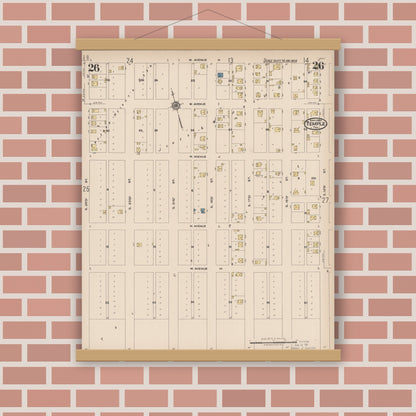 Old map wall art mockup — magnetic wood frame on brick wall — Sanborn Fire Insurance Map from Temple, Bell County, Texas (1922), Sheet #0026