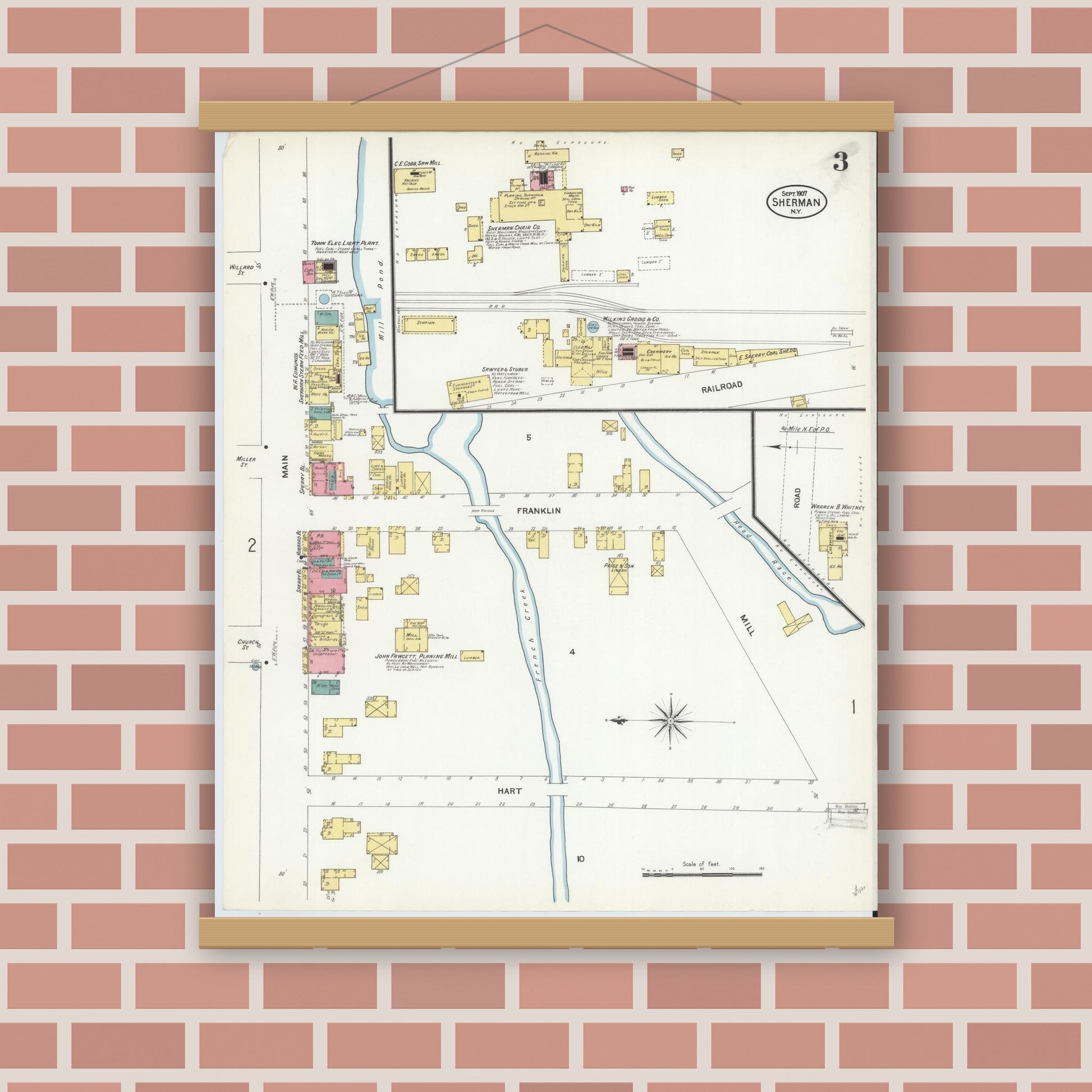 Old map wall art mockup — magnetic wood frame on brick wall — Sanborn Fire Insurance Map from Sherman, Chautauqua County, New York (1907), Sheet #0003