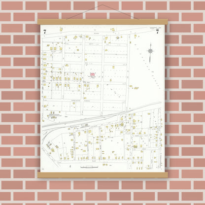 Old map wall art mockup — magnetic wood frame on brick wall — Sanborn Fire Insurance Map from Commerce, Hunt County, Texas (1933), Sheet #0007