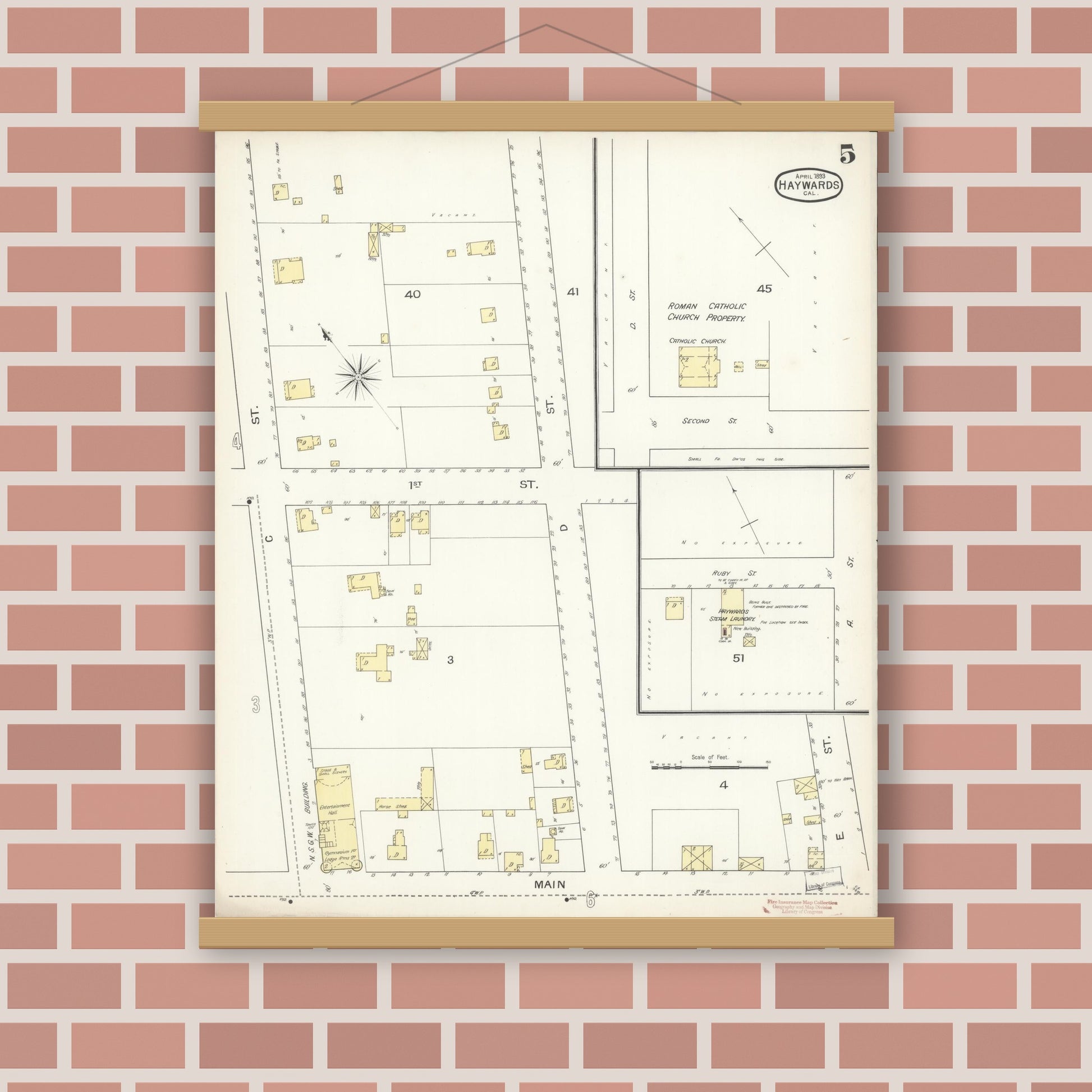 Old map wall art mockup — magnetic wood frame on brick wall — Sanborn Fire Insurance Map from Hayward, Alameda County, California (1893), Sheet #0005