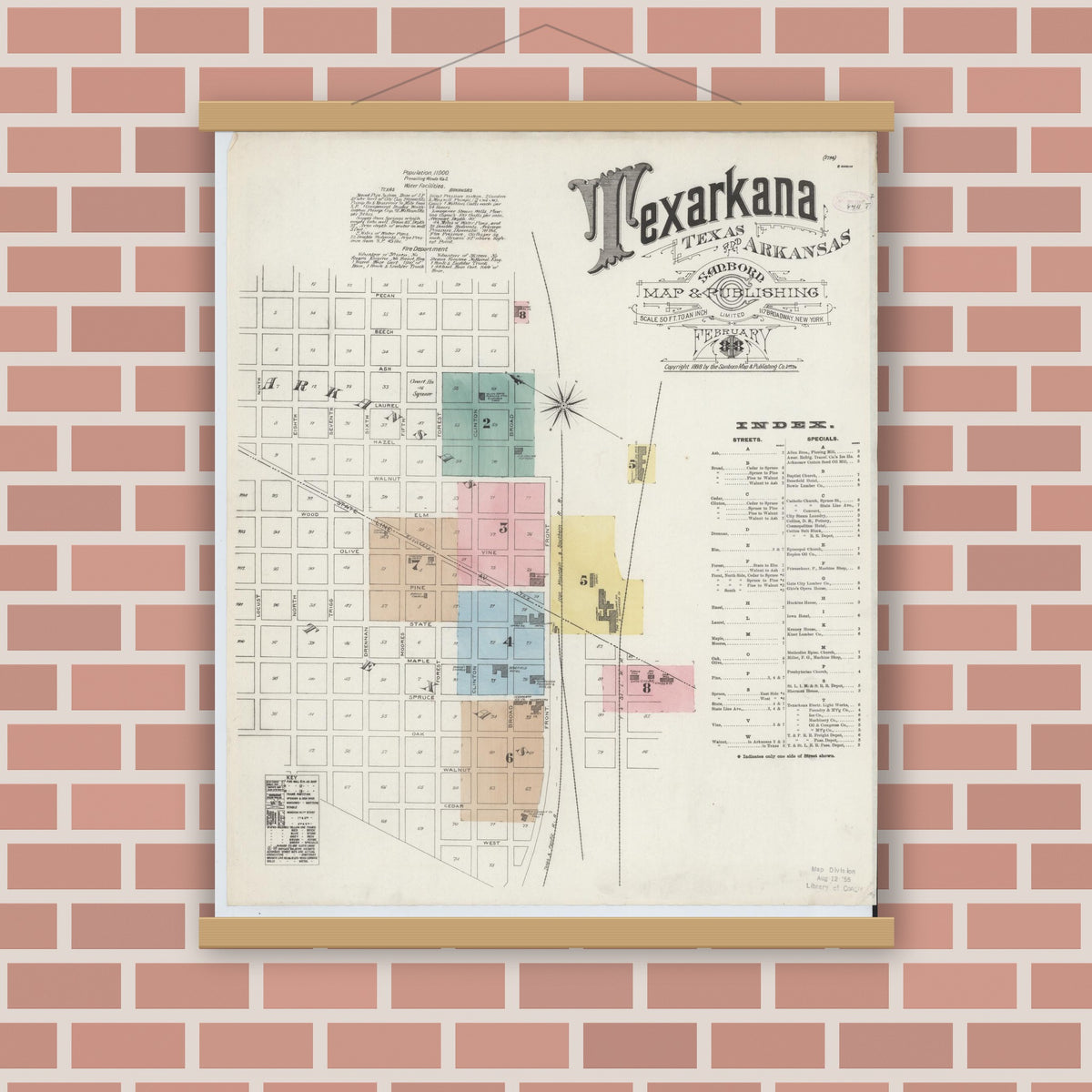 Old map wall art mockup — magnetic wood frame on brick wall — Sanborn Fire Insurance Map from Texarkana, Bowie County, Texas (1888) - Complete Map Set