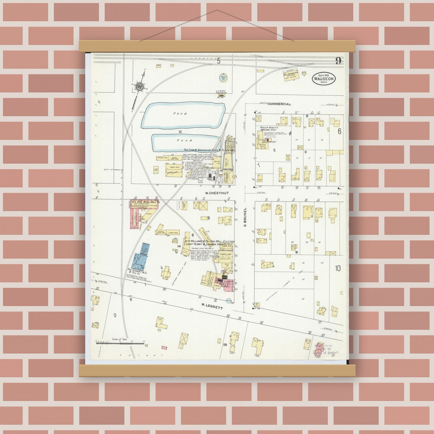 Old map wall art mockup — magnetic wood frame on brick wall — Sanborn Fire Insurance Map from Wauseon, Fulton County, Ohio (1910), Sheet #0009