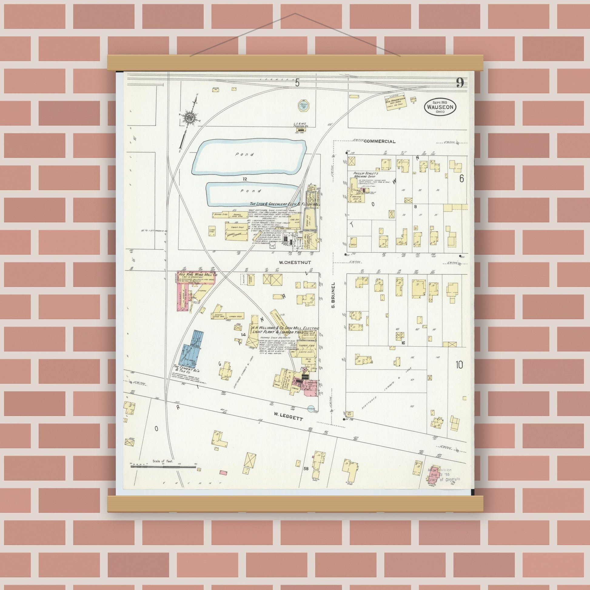Old map wall art mockup — magnetic wood frame on brick wall — Sanborn Fire Insurance Map from Wauseon, Fulton County, Ohio (1910), Sheet #0009