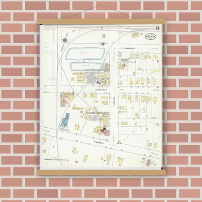 Old map wall art mockup — magnetic wood frame on brick wall — Sanborn Fire Insurance Map from Wauseon, Fulton County, Ohio (1910), Sheet #0009