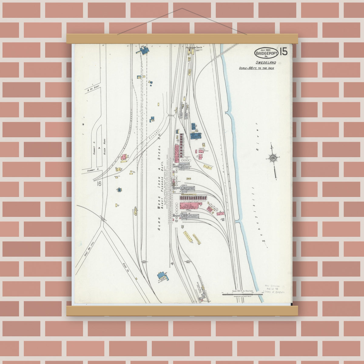 Old map wall art mockup — magnetic wood frame on brick wall — Sanborn Fire Insurance Map from Bridgeport, Montgomery County, Pennsylvania (1920), Sheet #0015