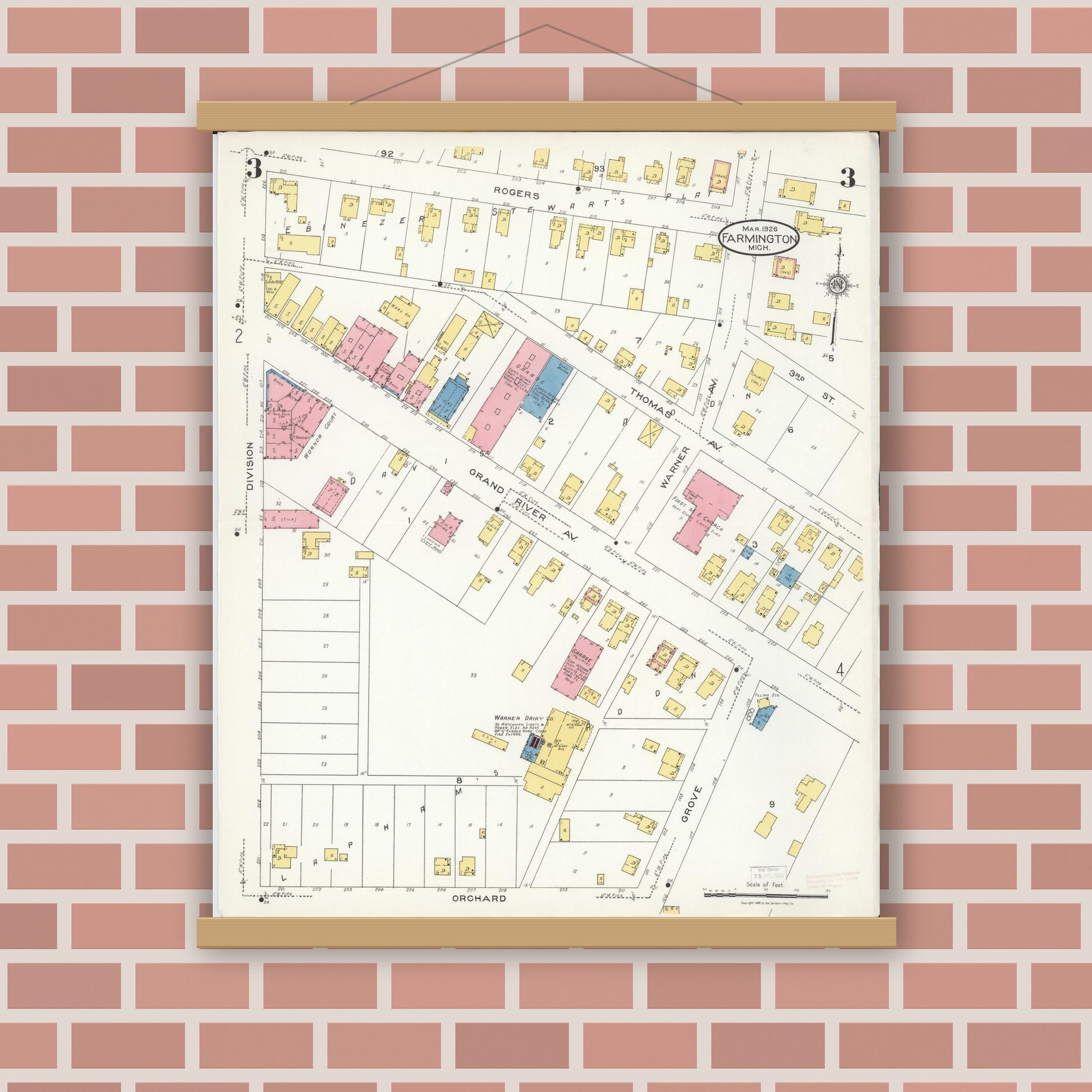 Old map wall art mockup — magnetic wood frame on brick wall — Sanborn Fire Insurance Map from Farmington, Oakland County, Michigan (1926), Sheet #0003