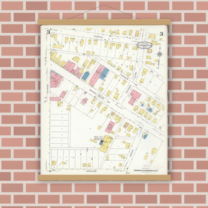 Old map wall art mockup — magnetic wood frame on brick wall — Sanborn Fire Insurance Map from Farmington, Oakland County, Michigan (1926), Sheet #0003