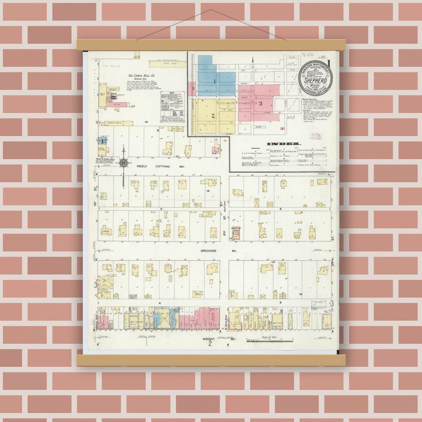 Old map wall art mockup — magnetic wood frame on brick wall — Sanborn Fire Insurance Map from Shepherd, Isabella County, Michigan (1910) - Complete Map Set