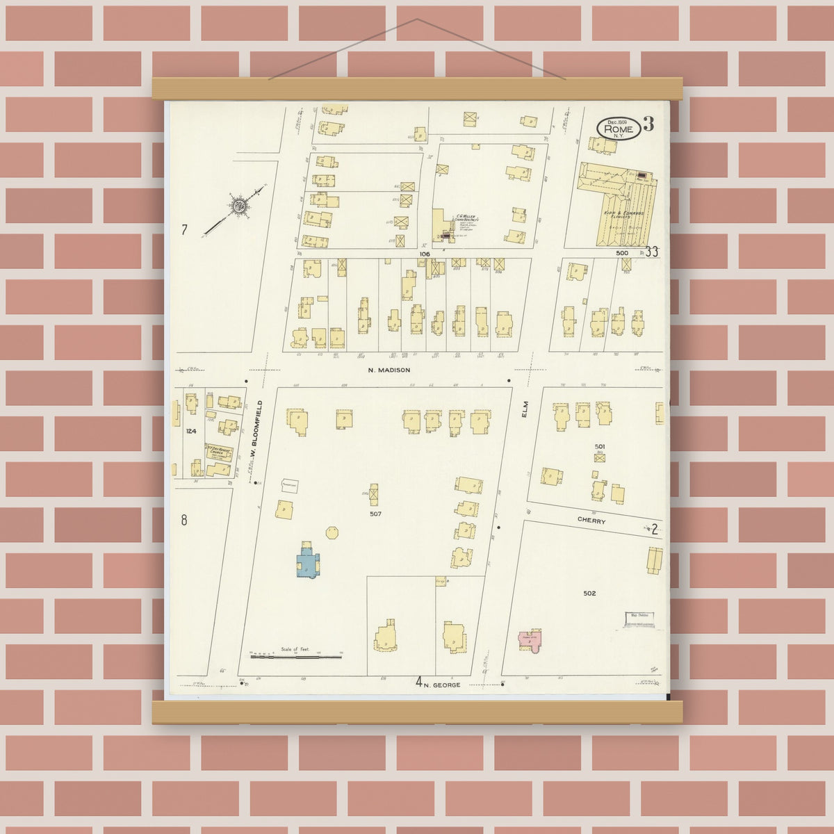 Old map wall art mockup — magnetic wood frame on brick wall — Sanborn Fire Insurance Map from Rome, Oneida County, New York (1909), Sheet #0003