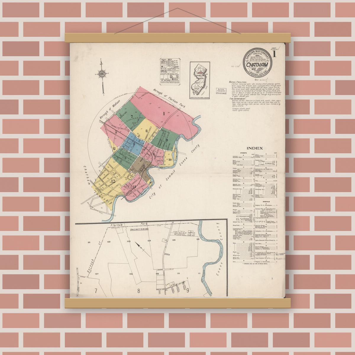 Old map wall art mockup — magnetic wood frame on brick wall — Sanborn Fire Insurance Map from Chatham, Morris County, New Jersey (1921), Sheet #0001
