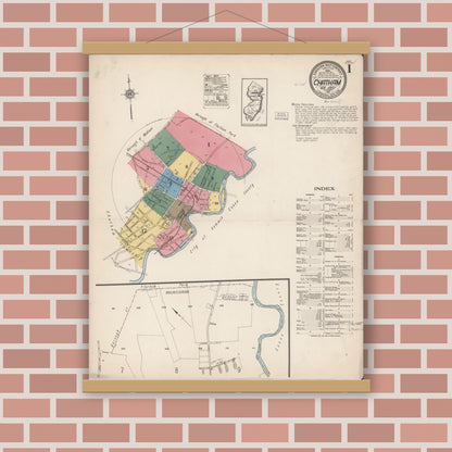 Old map wall art mockup — magnetic wood frame on brick wall — Sanborn Fire Insurance Map from Chatham, Morris County, New Jersey (1921), Sheet #0001