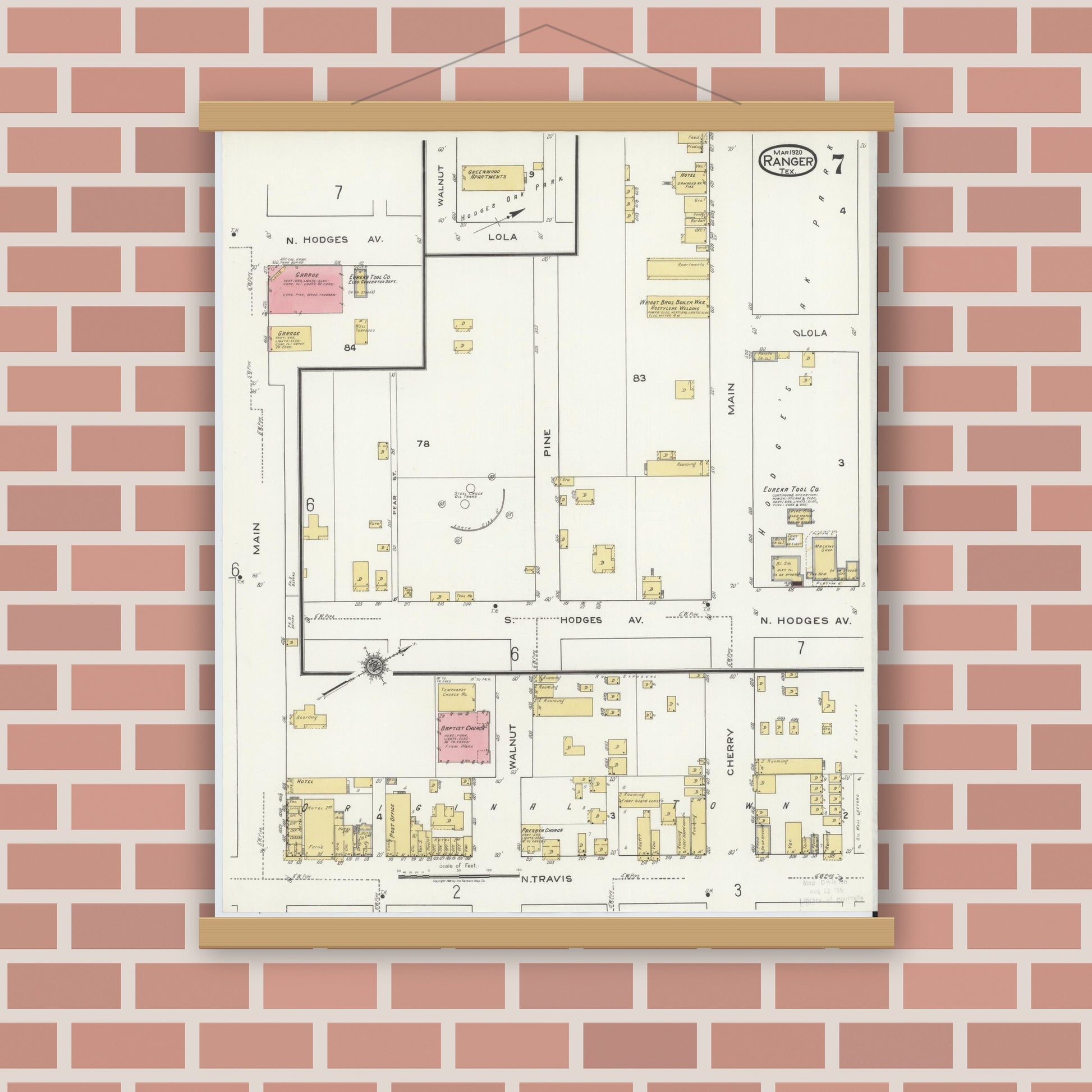 Old map wall art mockup — magnetic wood frame on brick wall — Sanborn Fire Insurance Map from Ranger, Eastland County, Texas (1920), Sheet #0007