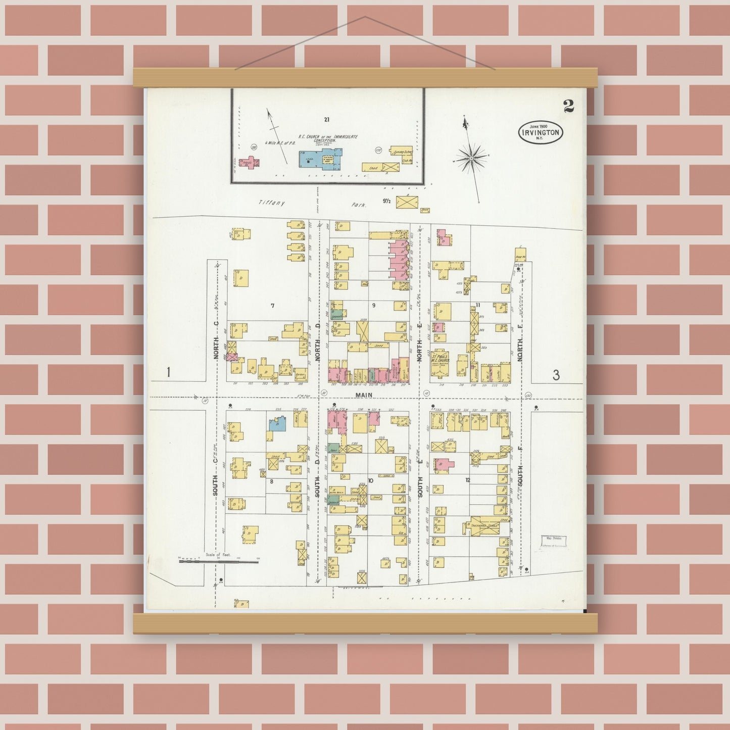 Old map wall art mockup — magnetic wood frame on brick wall — Sanborn Fire Insurance Map from Irvington, Westchester County, New York (1900), Sheet #0002