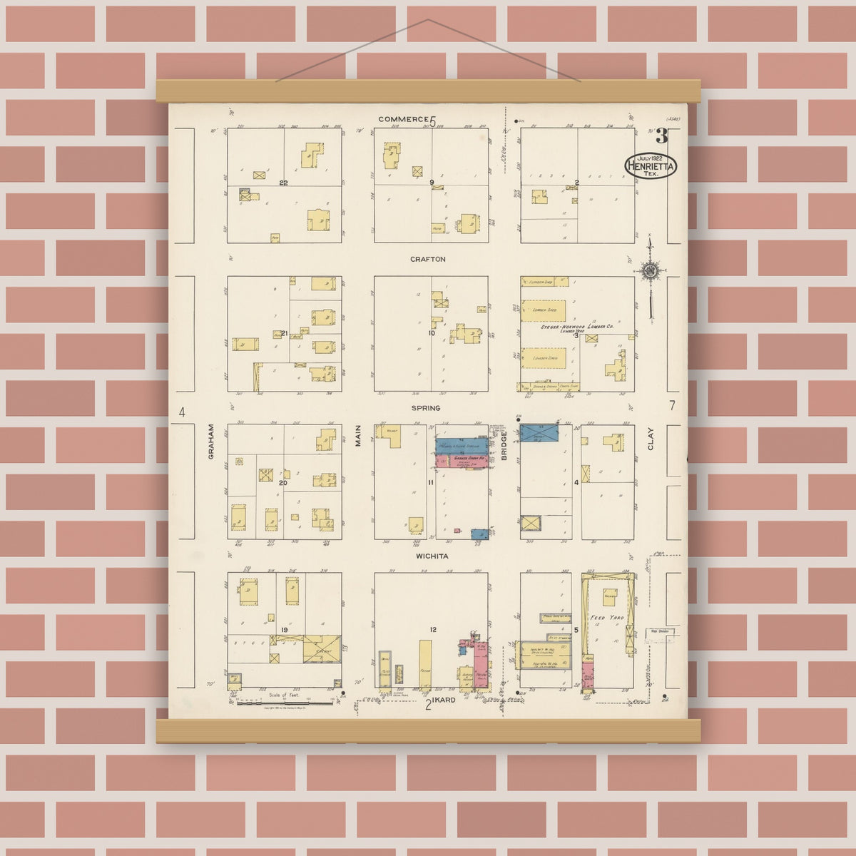 Old map wall art mockup — magnetic wood frame on brick wall — Sanborn Fire Insurance Map from Henrietta, Clay County, Texas (1922), Sheet #0003
