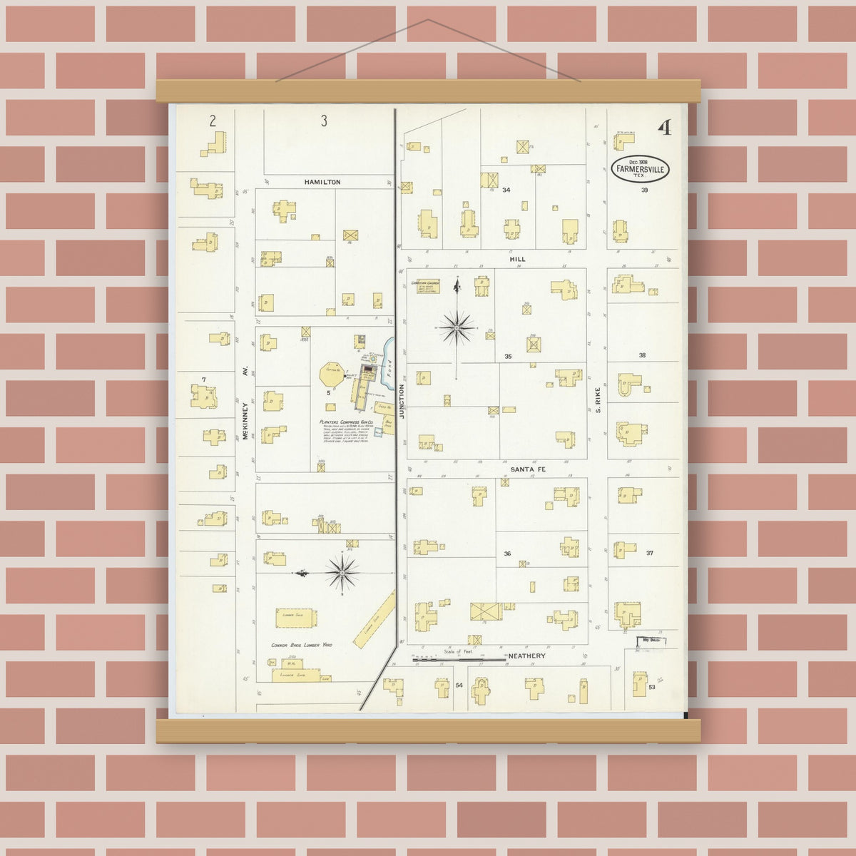Old map wall art mockup — magnetic wood frame on brick wall — Sanborn Fire Insurance Map from Farmersville, Collin County, Texas (1908), Sheet #0004