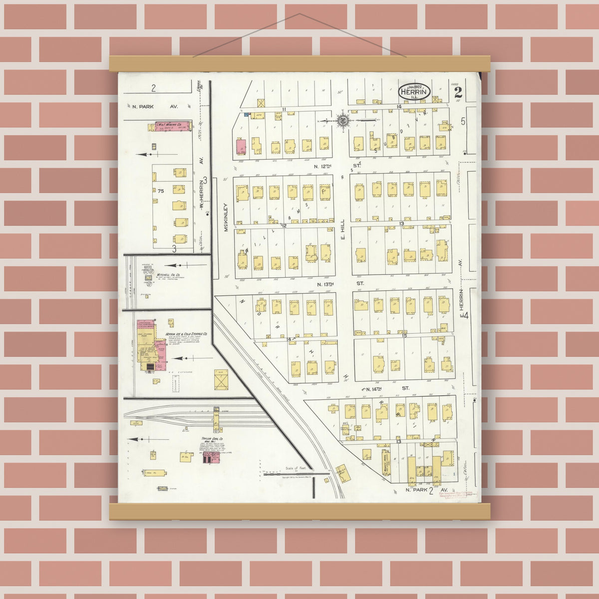 Old map wall art mockup — magnetic wood frame on brick wall — Sanborn Fire Insurance Map from Herrin, Williamson County, Illinois (1922), Sheet #0002