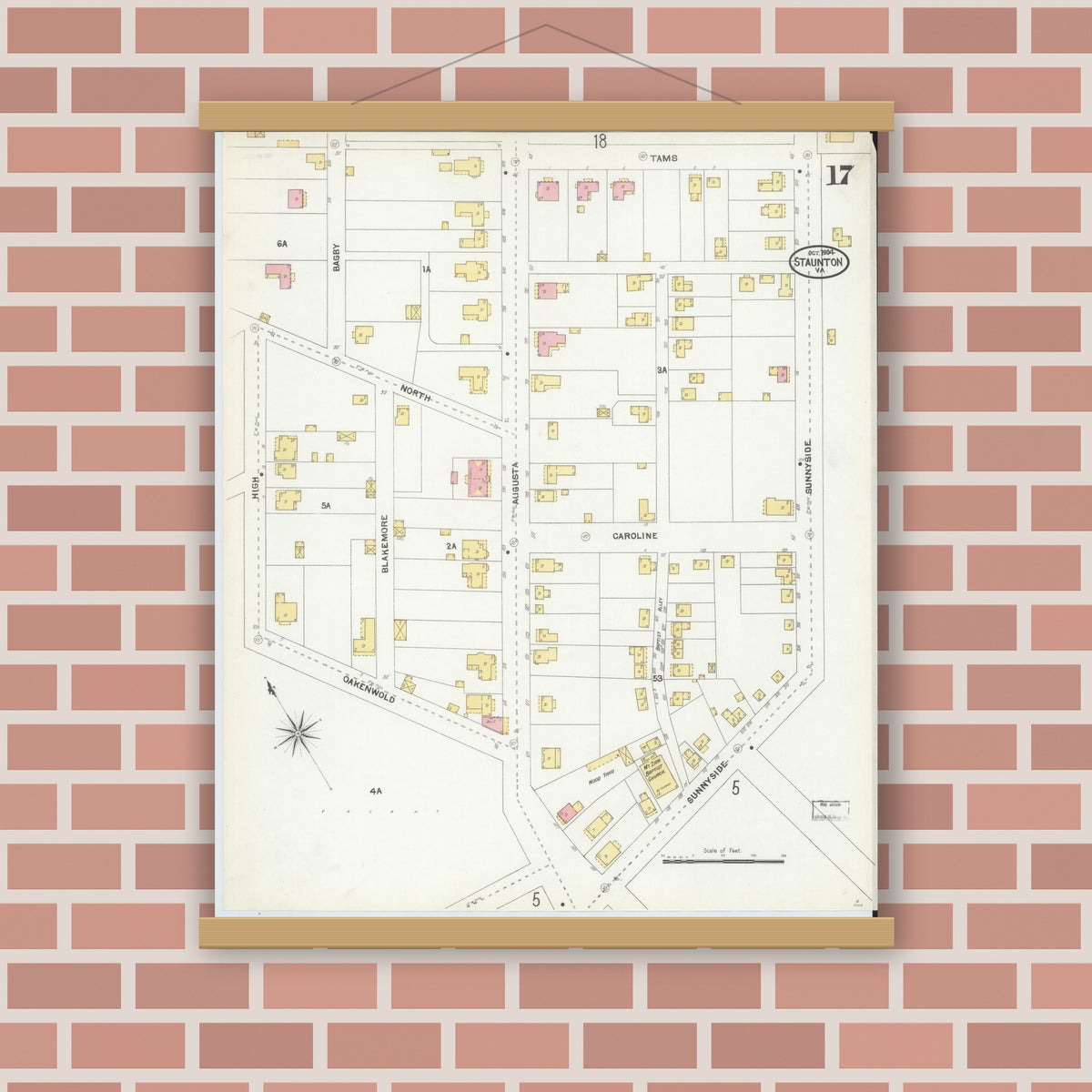 Old map wall art mockup — magnetic wood frame on brick wall — Sanborn Fire Insurance Map from Staunton, Independent Cities, Virginia (1904), Sheet #0017