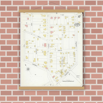 Old map wall art mockup — magnetic wood frame on brick wall — Sanborn Fire Insurance Map from Staunton, Independent Cities, Virginia (1904), Sheet #0017