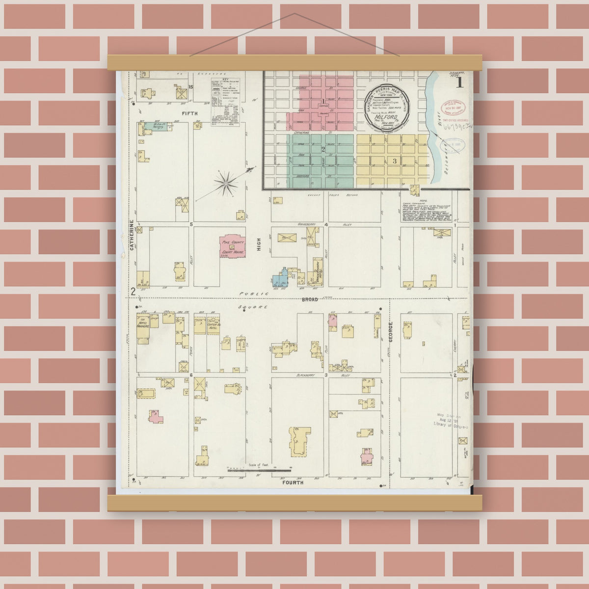 Old map wall art mockup — magnetic wood frame on brick wall — Sanborn Fire Insurance Map from Milford, Pike County, Pennsylvania (1897) - Complete Map Set