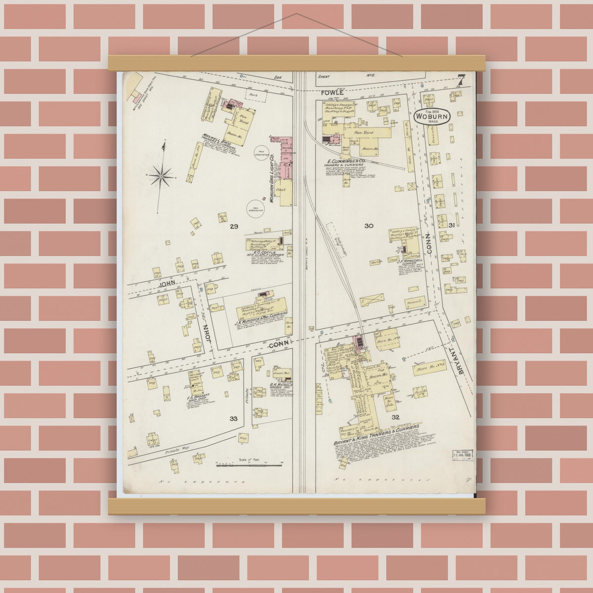 Old map wall art mockup — magnetic wood frame on brick wall — Sanborn Fire Insurance Map from Woburn, Middlesex County, Massachusetts (1888), Sheet #0007