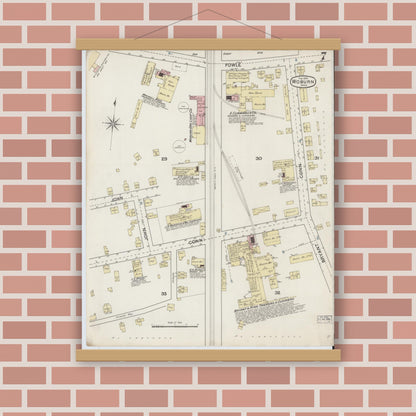 Old map wall art mockup — magnetic wood frame on brick wall — Sanborn Fire Insurance Map from Woburn, Middlesex County, Massachusetts (1888), Sheet #0007