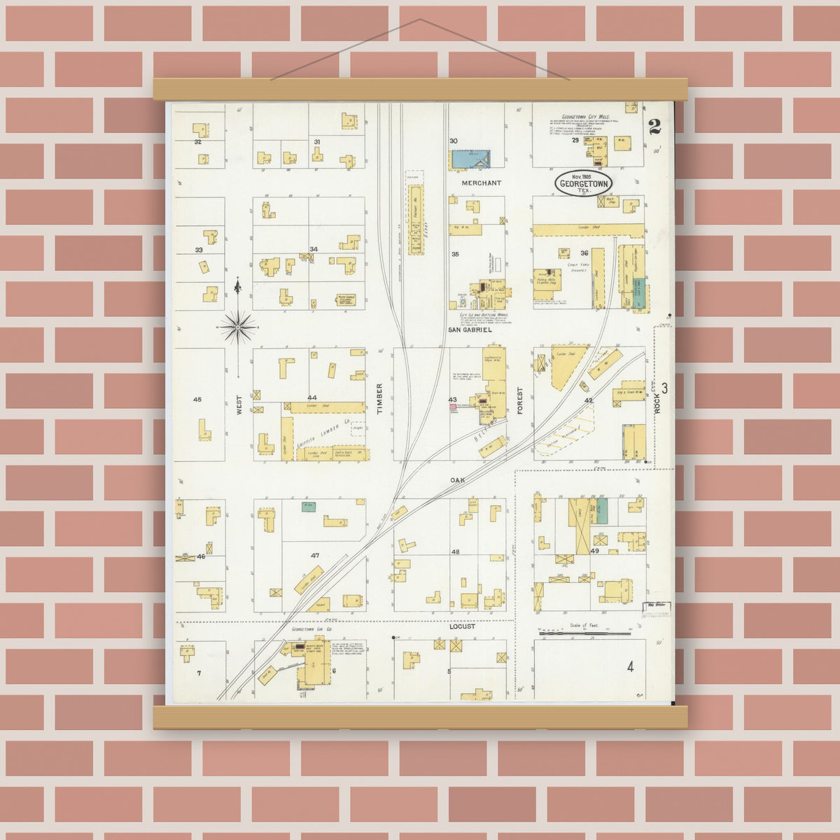 Old map wall art mockup — magnetic wood frame on brick wall — Sanborn Fire Insurance Map from Georgetown, Williamson County, Texas (1905), Sheet #0002