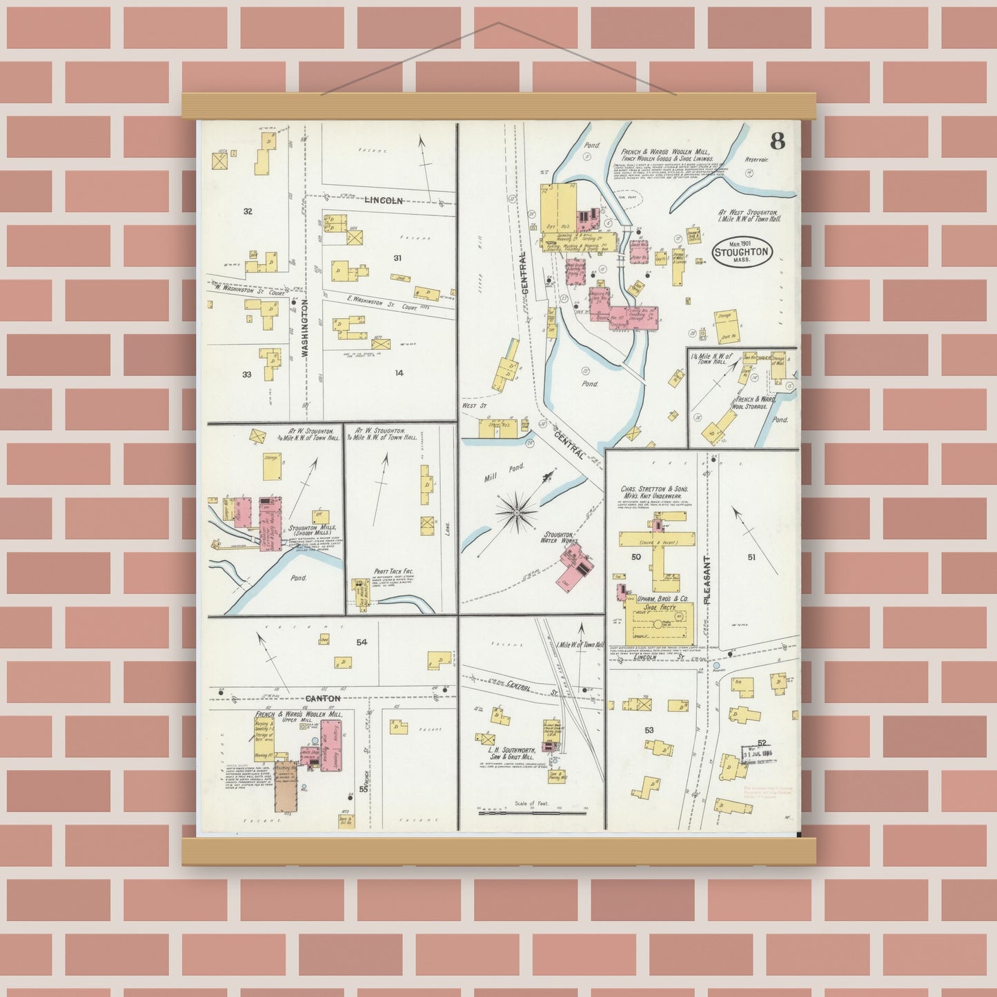 Old map wall art mockup — magnetic wood frame on brick wall — Sanborn Fire Insurance Map from Stoughton, Norfolk County, Massachusetts (1901), Sheet #0008