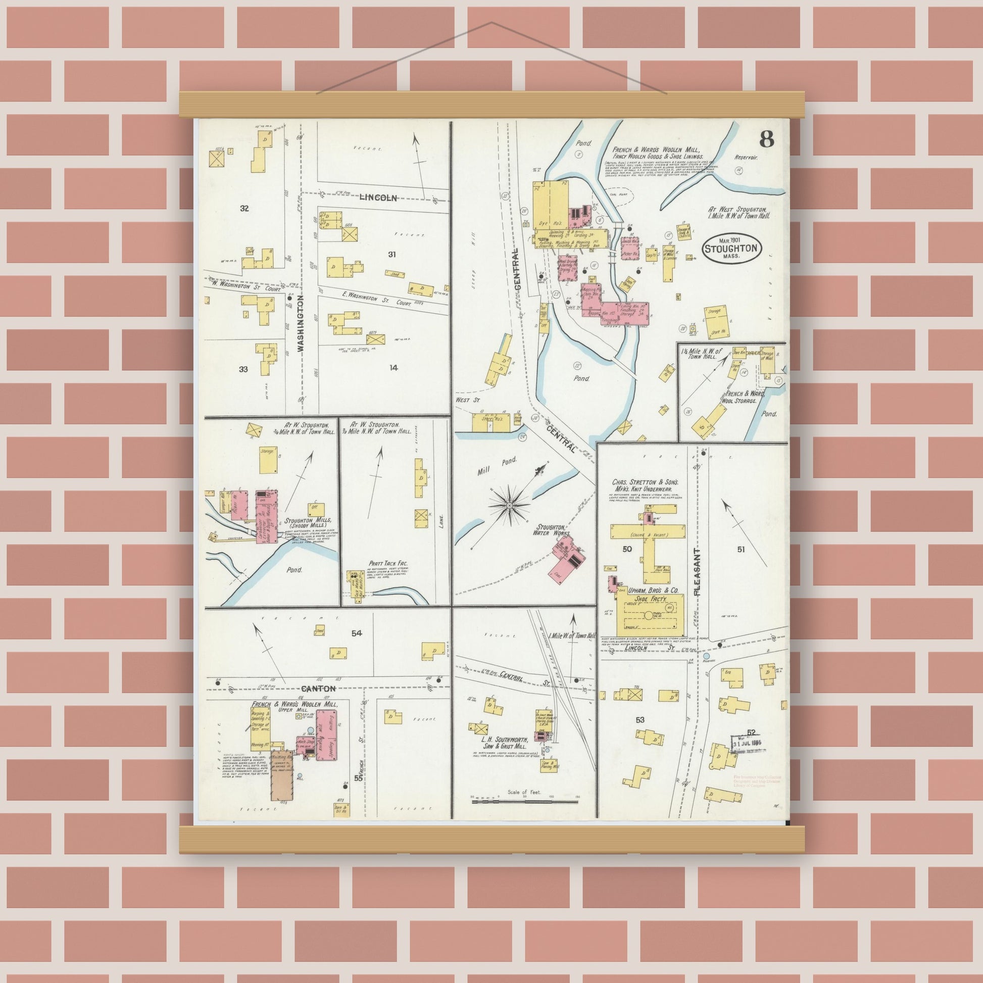 Old map wall art mockup — magnetic wood frame on brick wall — Sanborn Fire Insurance Map from Stoughton, Norfolk County, Massachusetts (1901), Sheet #0008
