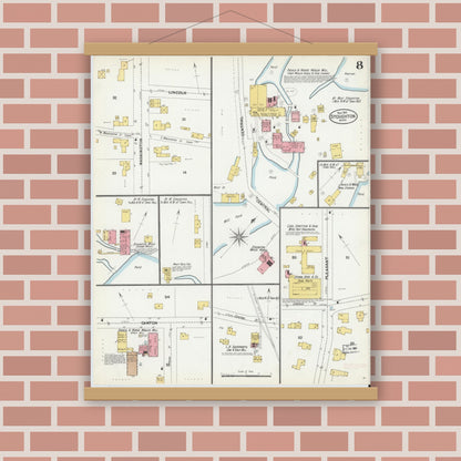 Old map wall art mockup — magnetic wood frame on brick wall — Sanborn Fire Insurance Map from Stoughton, Norfolk County, Massachusetts (1901), Sheet #0008