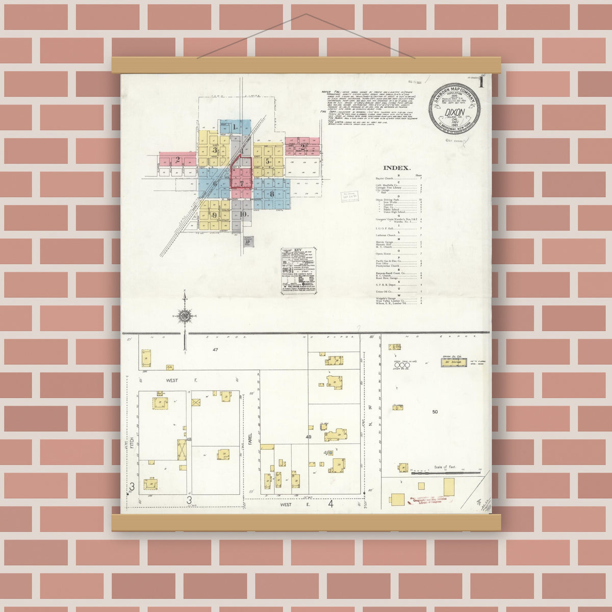 Old map wall art mockup — magnetic wood frame on brick wall — Sanborn Fire Insurance Map from Dixon, Solano County, California (1921), Sheet #0001