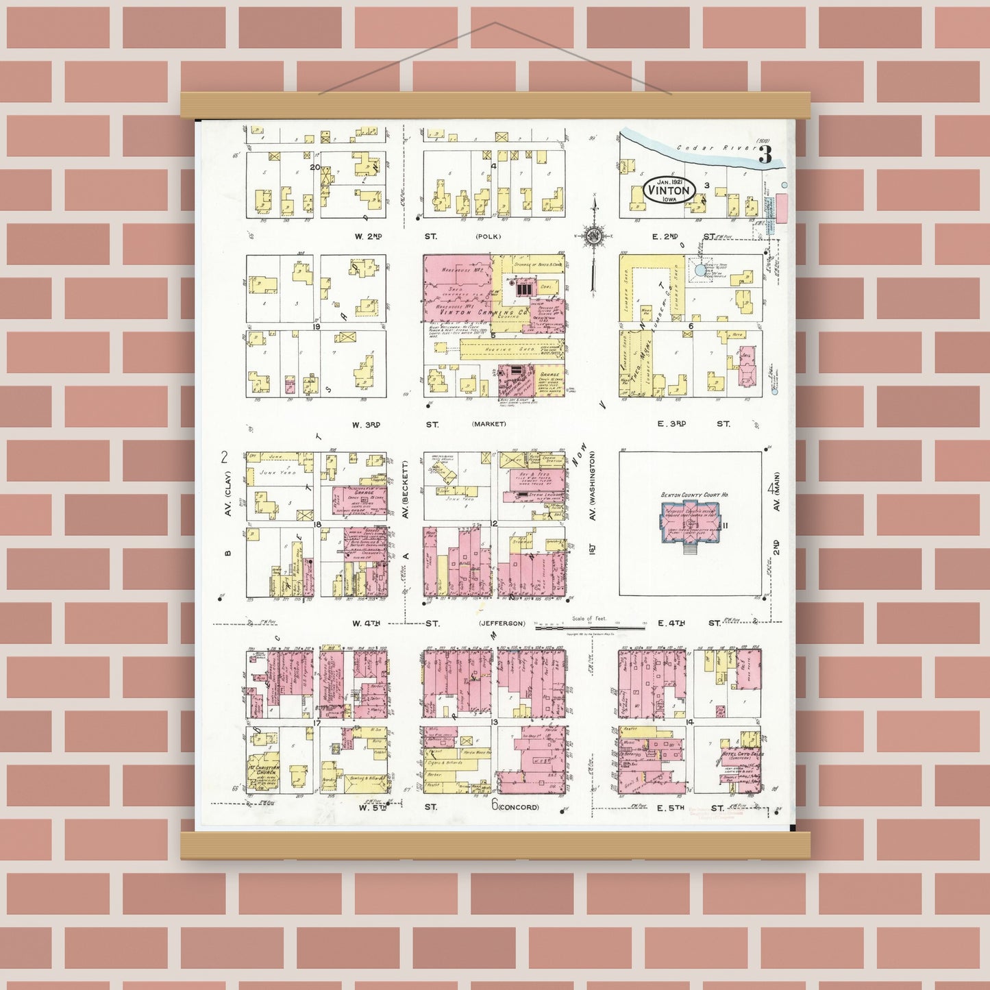 Old map wall art mockup — magnetic wood frame on brick wall — Sanborn Fire Insurance Map from Vinton, Benton County, Iowa (1921), Sheet #0003