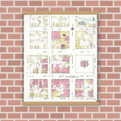 Old map wall art mockup — magnetic wood frame on brick wall — Sanborn Fire Insurance Map from Vinton, Benton County, Iowa (1921), Sheet #0003