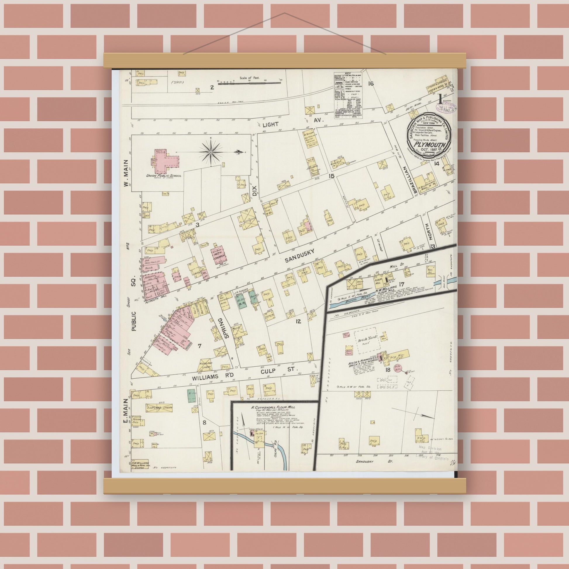 Old map wall art mockup — magnetic wood frame on brick wall — Sanborn Fire Insurance Map from Plymouth, Huron And Richland Counties, Ohio (1887) - Complete Map Set
