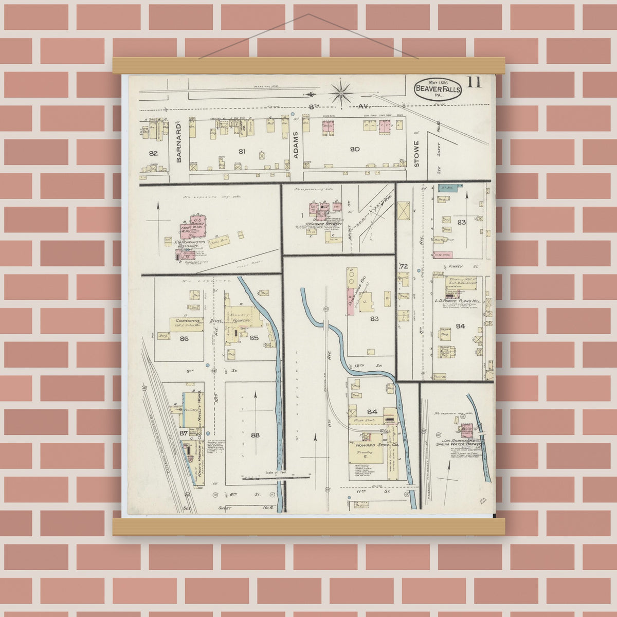 Old map wall art mockup — magnetic wood frame on brick wall — Sanborn Fire Insurance Map from Beaver Falls, Beaver County, Pennsylvania (1886), Sheet #0011