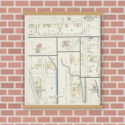 Old map wall art mockup — magnetic wood frame on brick wall — Sanborn Fire Insurance Map from Beaver Falls, Beaver County, Pennsylvania (1886), Sheet #0011